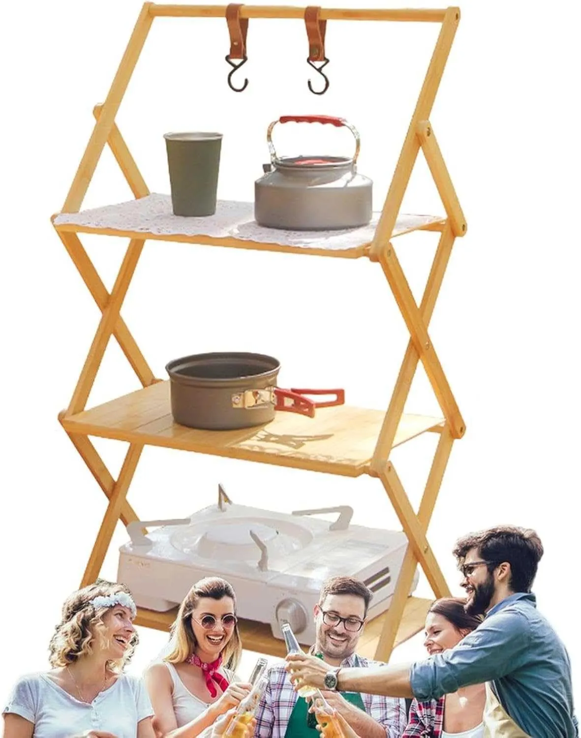 Camping Wooden Shelf, Foldable Multi Tier Camping Shelves, Portable Grill Cooking Table Rack for Indoor and Outdoor Camping Hiking, Travel