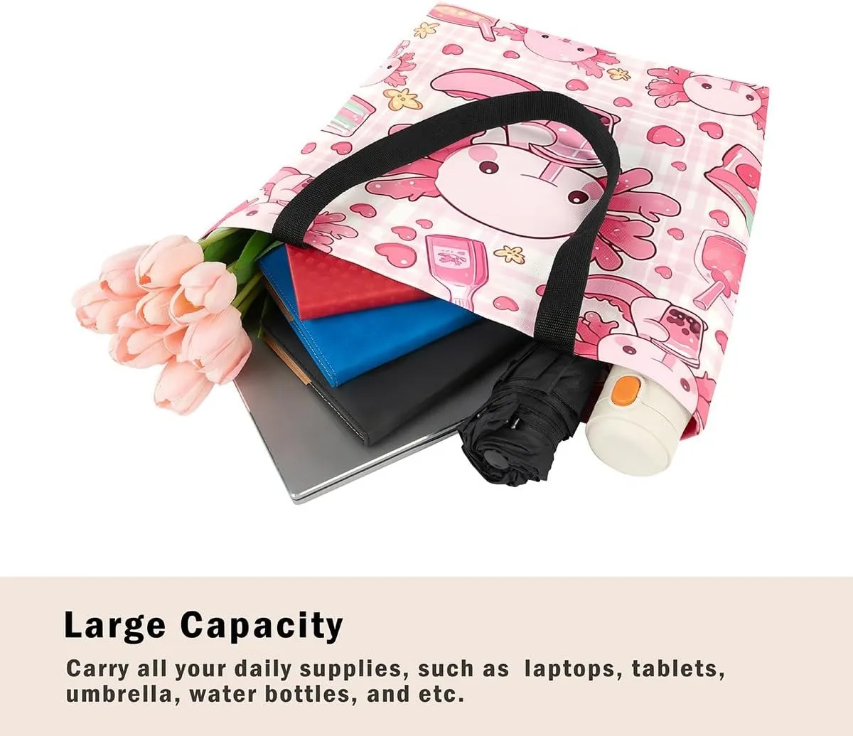 Cartoon Axolotl Canvas Tote Bag,Nautical Sea Animal Casual Reusable Handbag Ocean Fish Sandproof Beach Bag