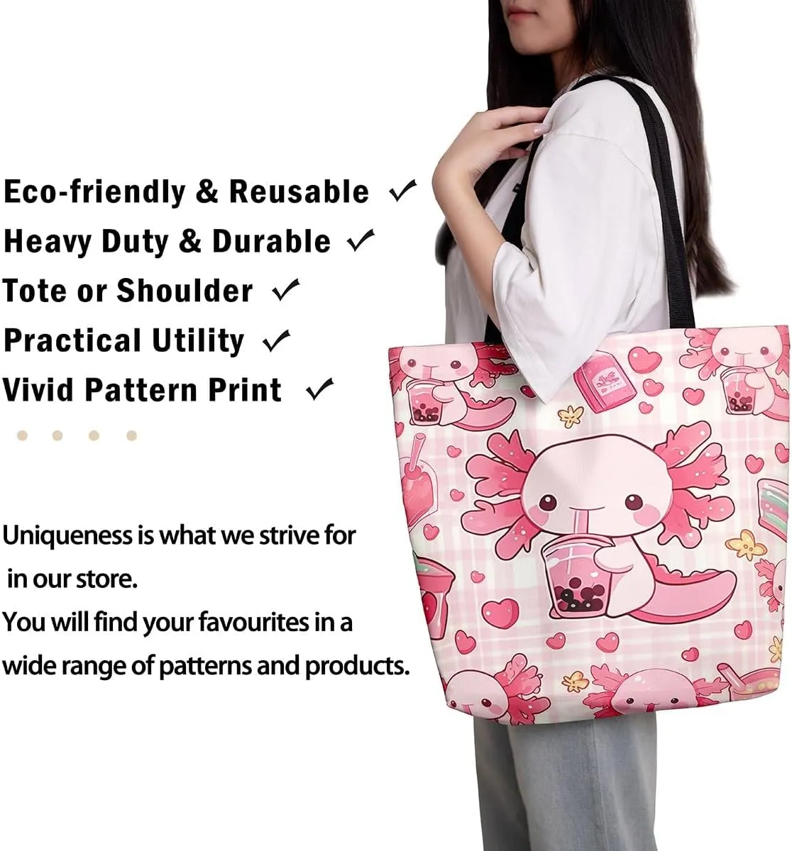 Cartoon Axolotl Canvas Tote Bag,Nautical Sea Animal Casual Reusable Handbag Ocean Fish Sandproof Beach Bag