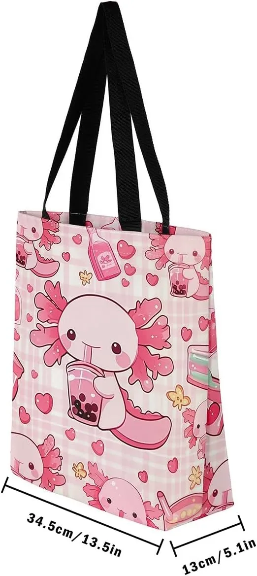Cartoon Axolotl Canvas Tote Bag,Nautical Sea Animal Casual Reusable Handbag Ocean Fish Sandproof Beach Bag
