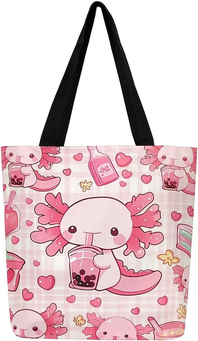 Cartoon Axolotl Canvas Tote Bag,Nautical Sea Animal Casual Reusable Handbag Ocean Fish Sandproof Beach Bag