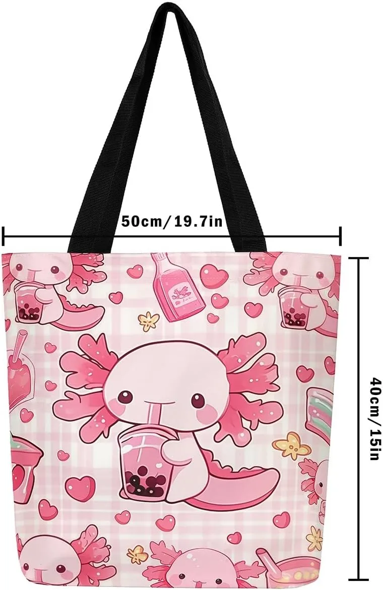 Cartoon Axolotl Canvas Tote Bag,Nautical Sea Animal Casual Reusable Handbag Ocean Fish Sandproof Beach Bag