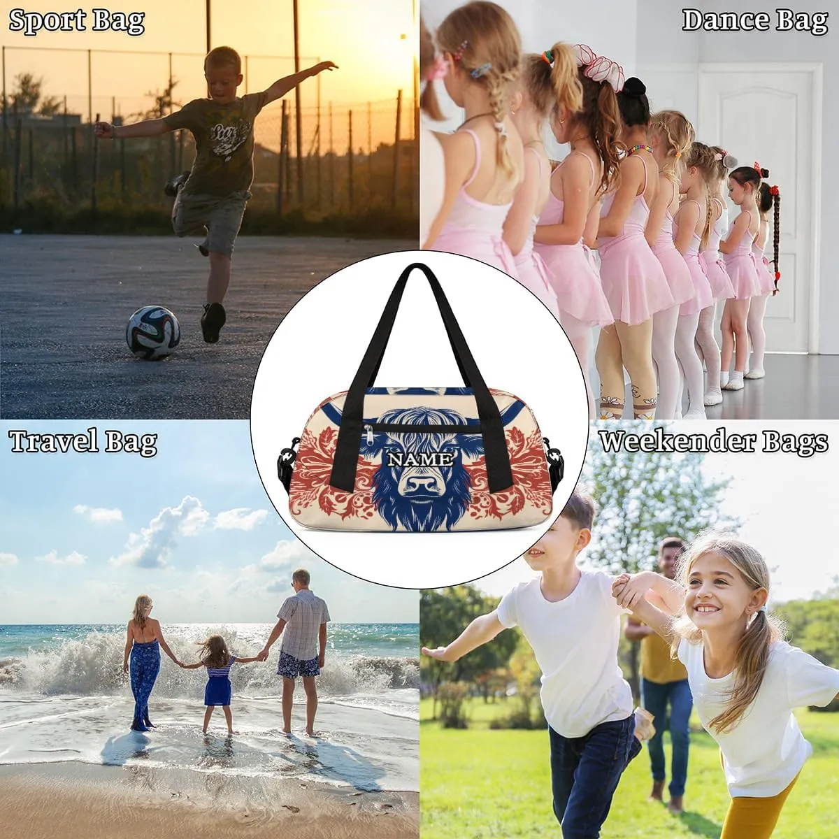 Cattle Head Printing Personalized Kids Duffel Bag Custom Gym Sports Duffle Bag Teen Travel Gymnastic Weekender Overnighter Bag Carry on Toe Bag for Boys & Girls