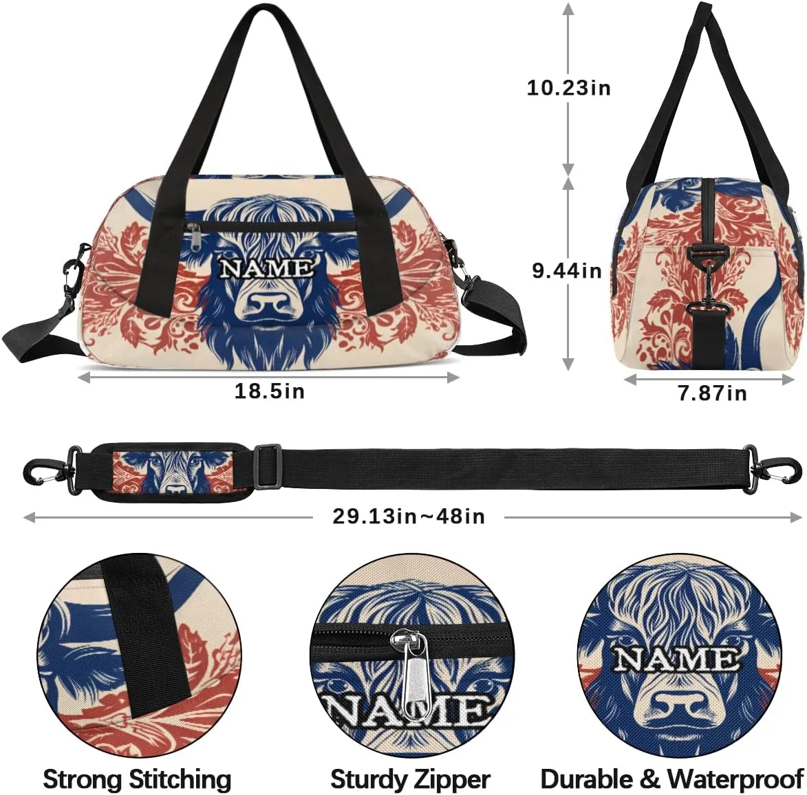 Cattle Head Printing Personalized Kids Duffel Bag Custom Gym Sports Duffle Bag Teen Travel Gymnastic Weekender Overnighter Bag Carry on Toe Bag for Boys & Girls