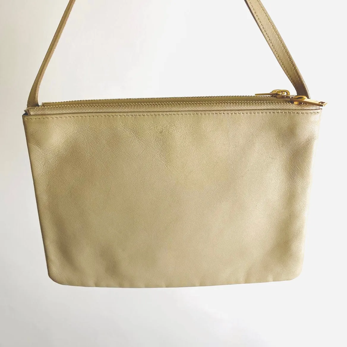 Celine Taupe Beige GHW Large Trio Logo Lambskin Leather Shoulder Sling Bag / Pouch Clutch Case