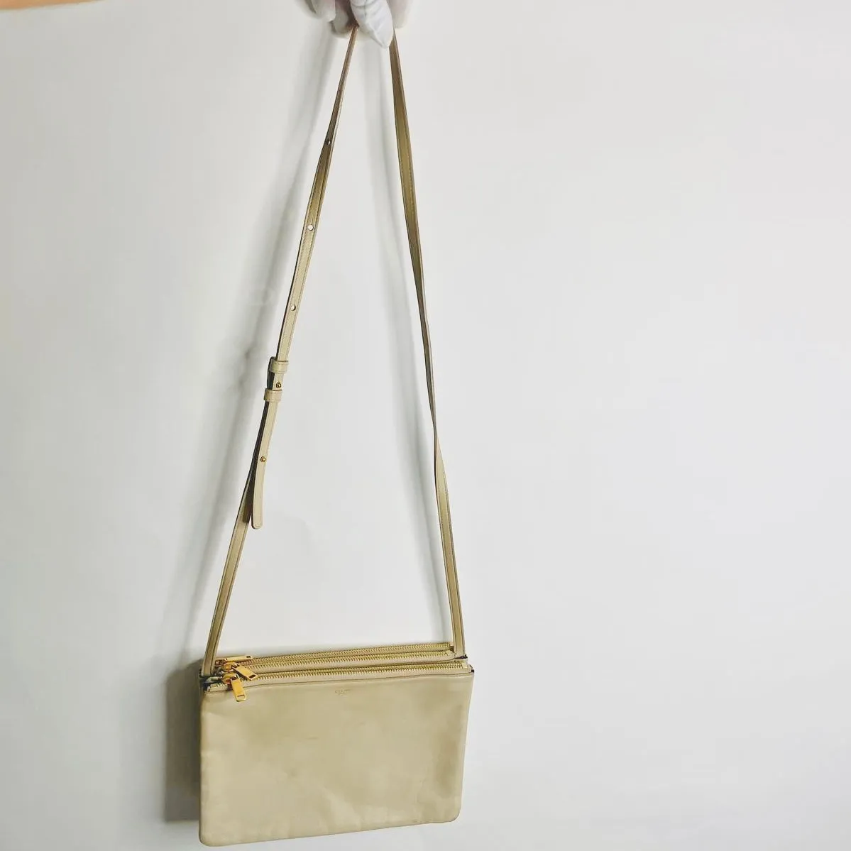 Celine Taupe Beige GHW Large Trio Logo Lambskin Leather Shoulder Sling Bag / Pouch Clutch Case