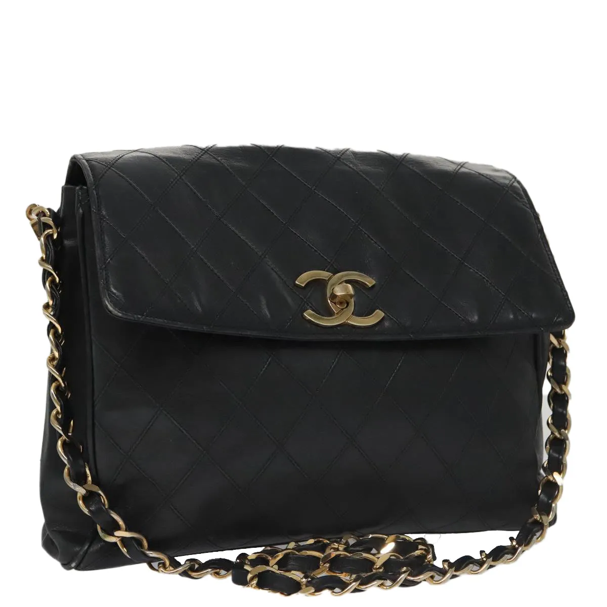 CHANEL Bicolore Chain Matelasse Shoulder Bag Lamb Skin Black Gold CC 103228