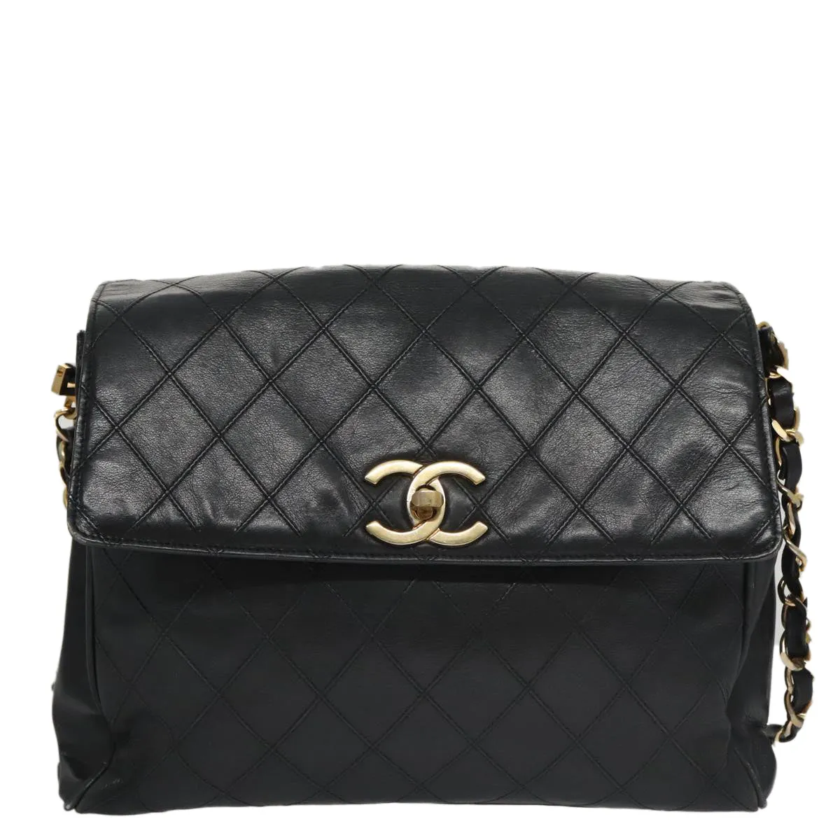 CHANEL Bicolore Chain Matelasse Shoulder Bag Lamb Skin Black Gold CC 103228