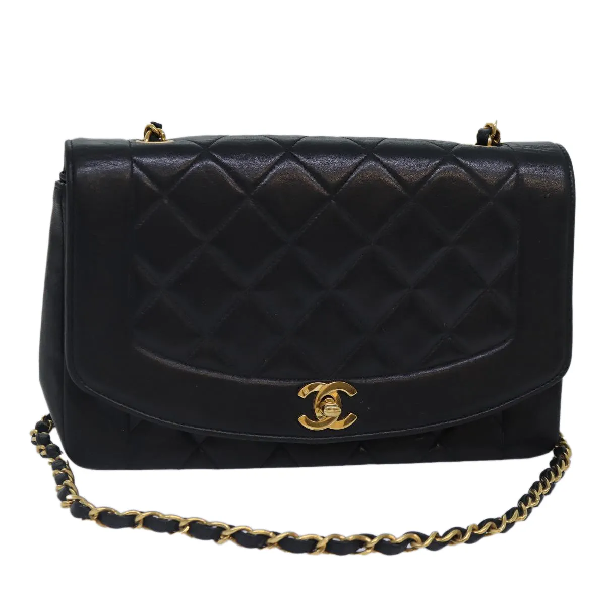 CHANEL Diana Matelasse Chain Shoulder Bag Lamb Skin Black CC 87740A