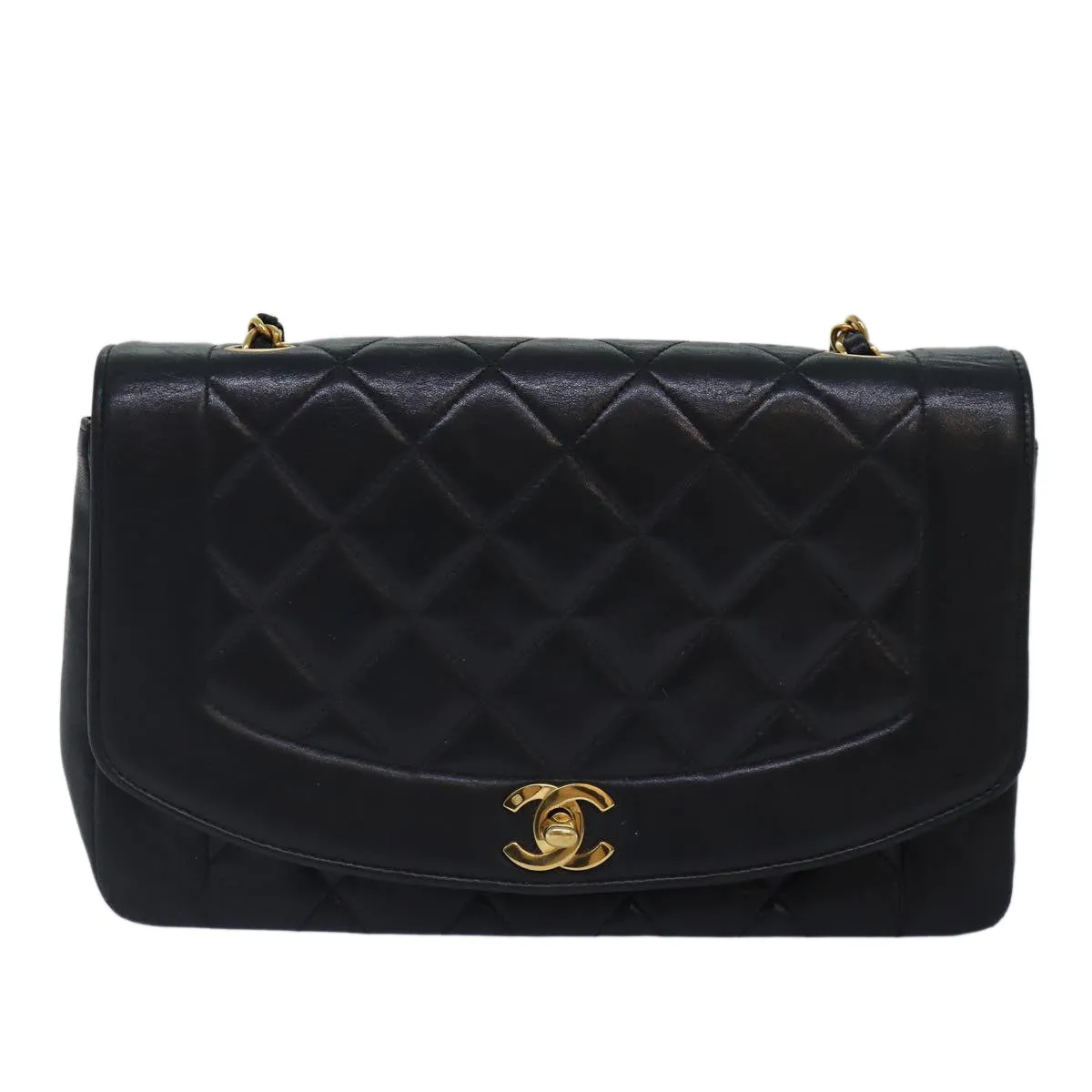 CHANEL Diana Matelasse Chain Shoulder Bag Lamb Skin Black CC 87740A