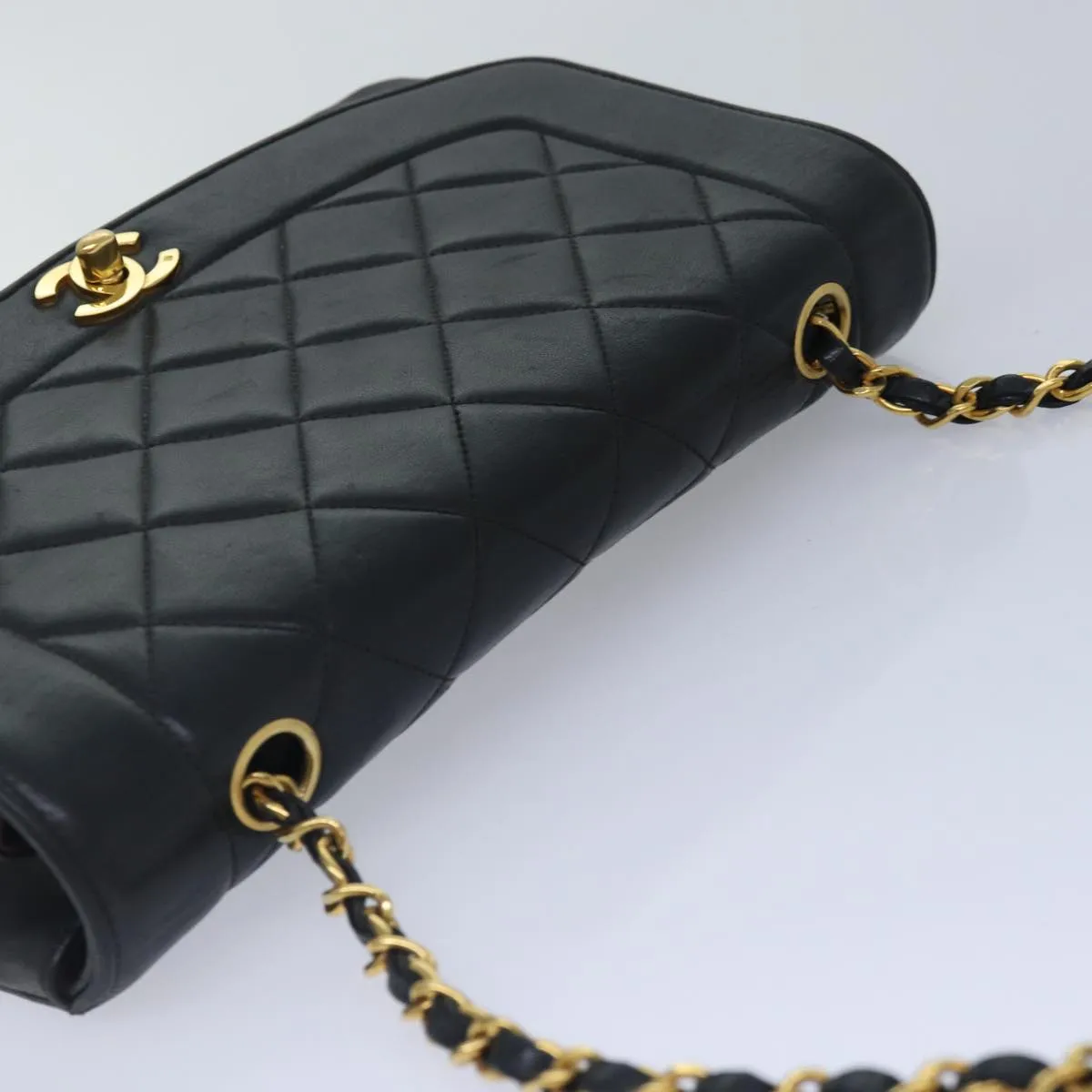 CHANEL Diana Matelasse Chain Shoulder Bag Lamb Skin Black CC 87740A
