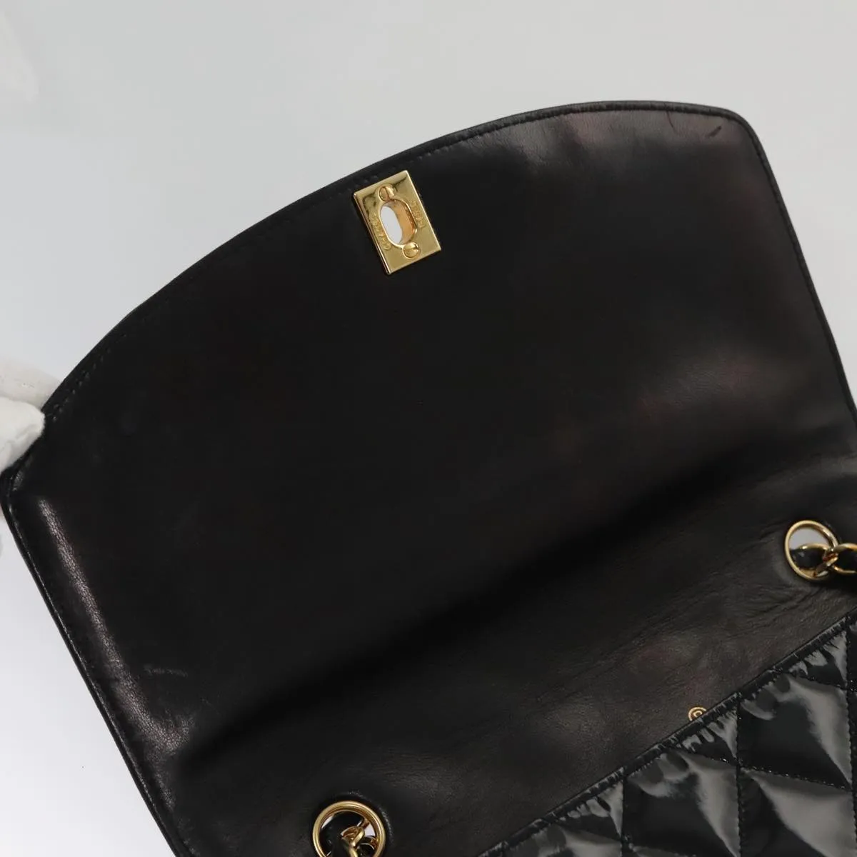 CHANEL Matelasse 25 Chain Diana Shoulder Bag Patent Black Gold CC 99928