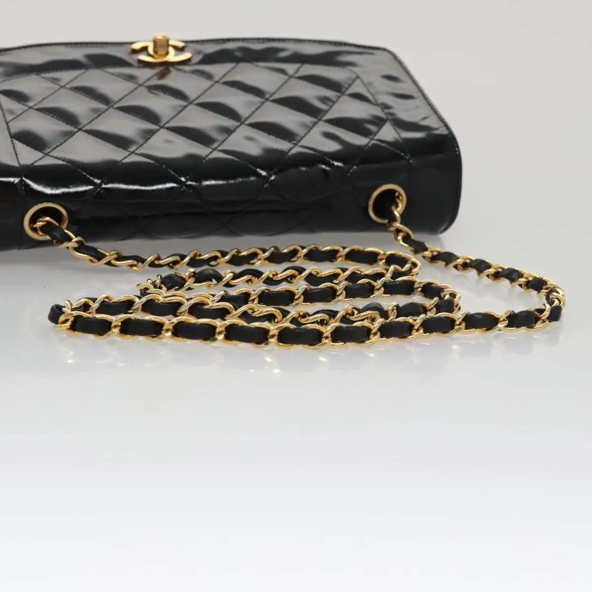 CHANEL Matelasse 25 Chain Diana Shoulder Bag Patent Black Gold CC 99928