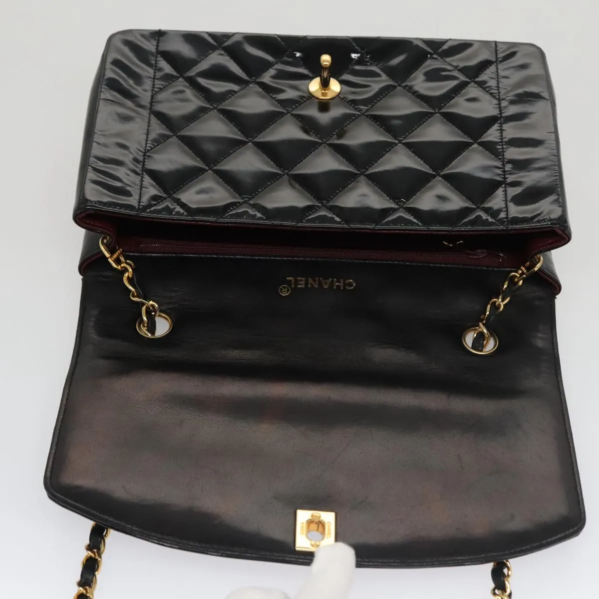 CHANEL Matelasse 25 Chain Diana Shoulder Bag Patent Black Gold CC 99928