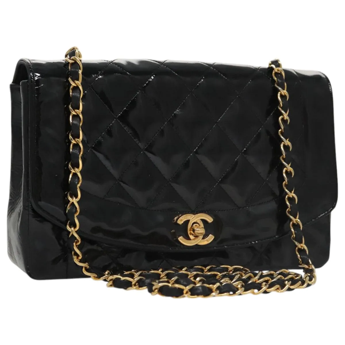 CHANEL Matelasse 25 Chain Diana Shoulder Bag Patent Black Gold CC 99928