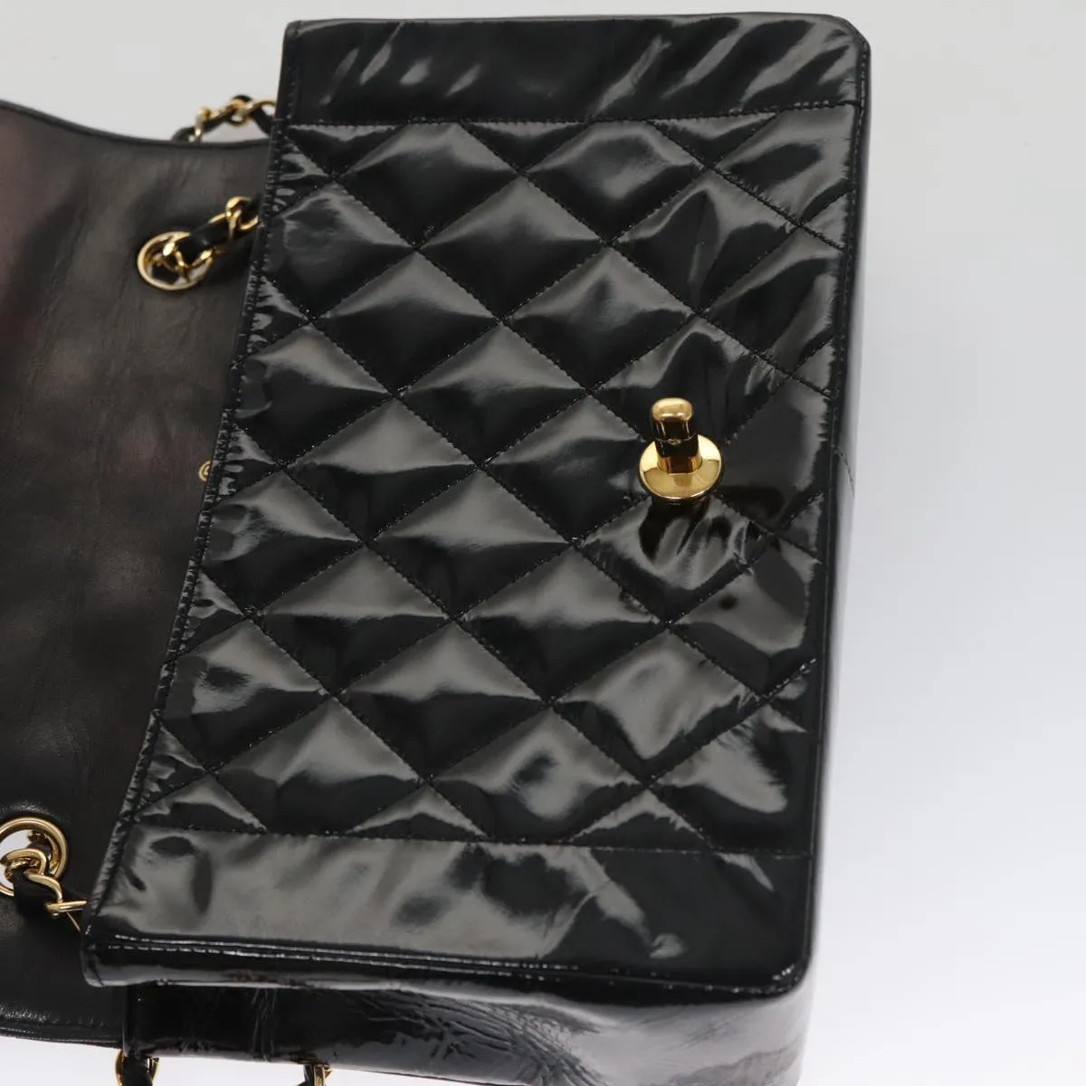 CHANEL Matelasse 25 Chain Diana Shoulder Bag Patent Black Gold CC 99928