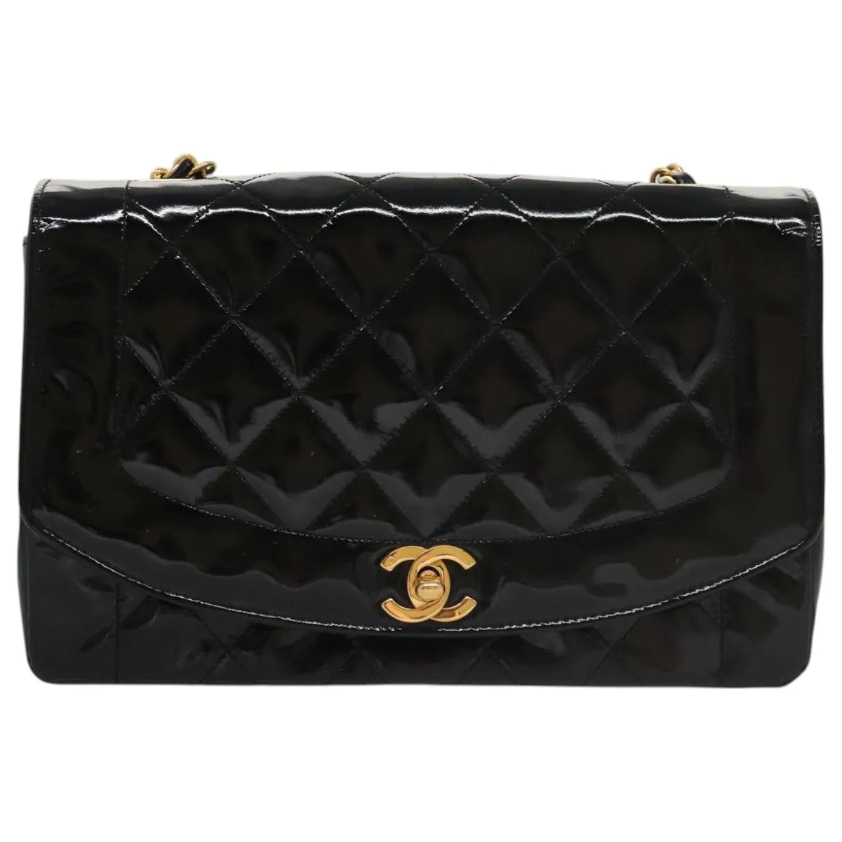CHANEL Matelasse 25 Chain Diana Shoulder Bag Patent Black Gold CC 99928