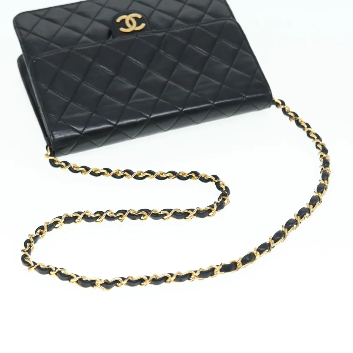 CHANEL Matelasse Chain Shoulder Bag Lamb Skin Black Gold CC bs16822