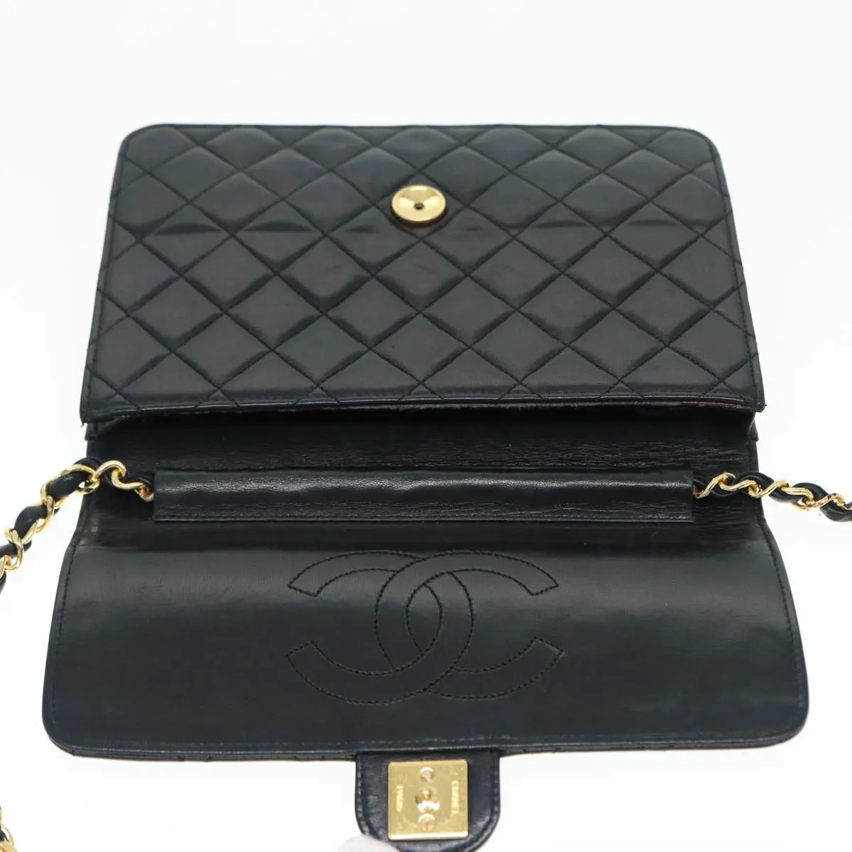 CHANEL Matelasse Chain Shoulder Bag Lamb Skin Black Gold CC bs16822