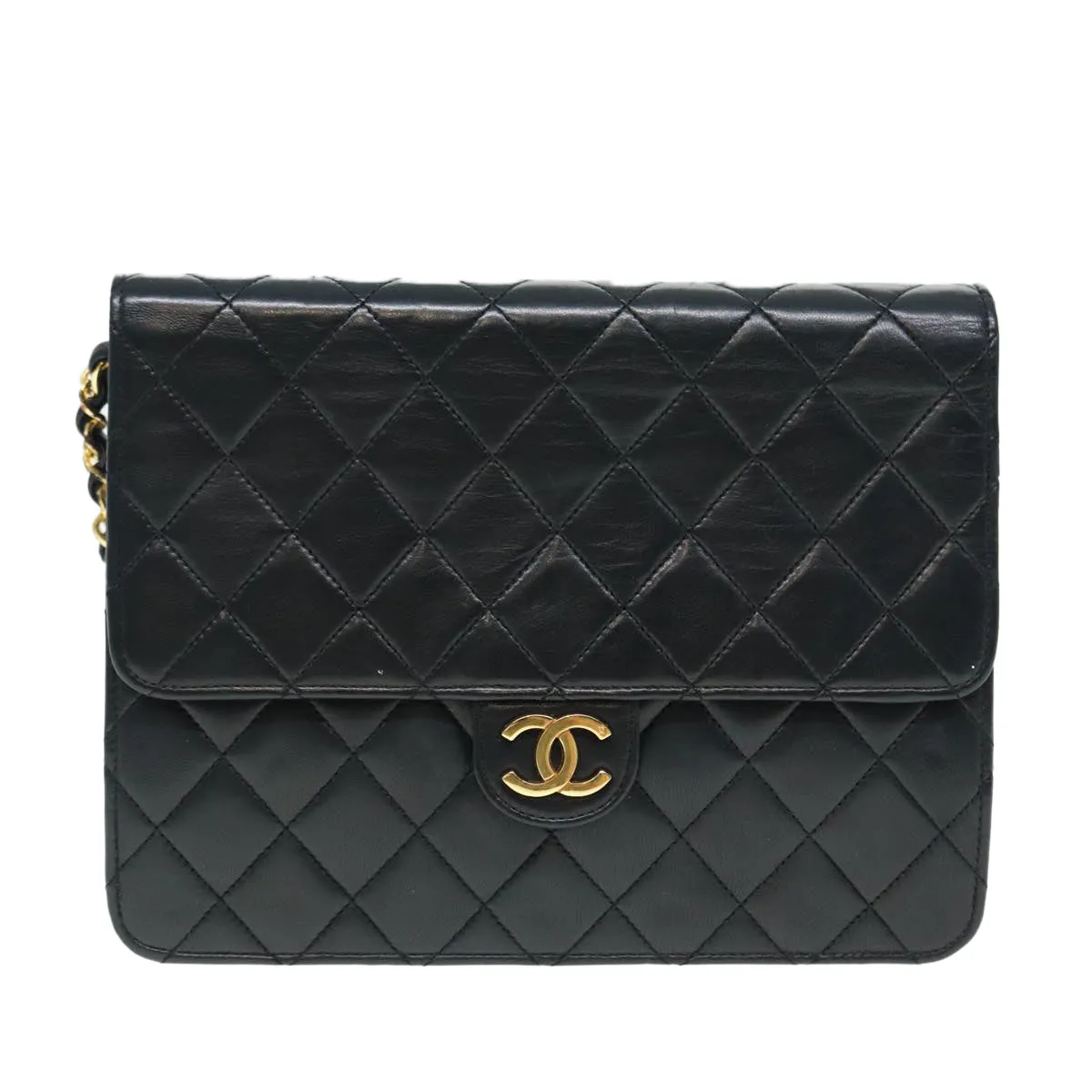 CHANEL Matelasse Chain Shoulder Bag Lamb Skin Black Gold CC bs16822