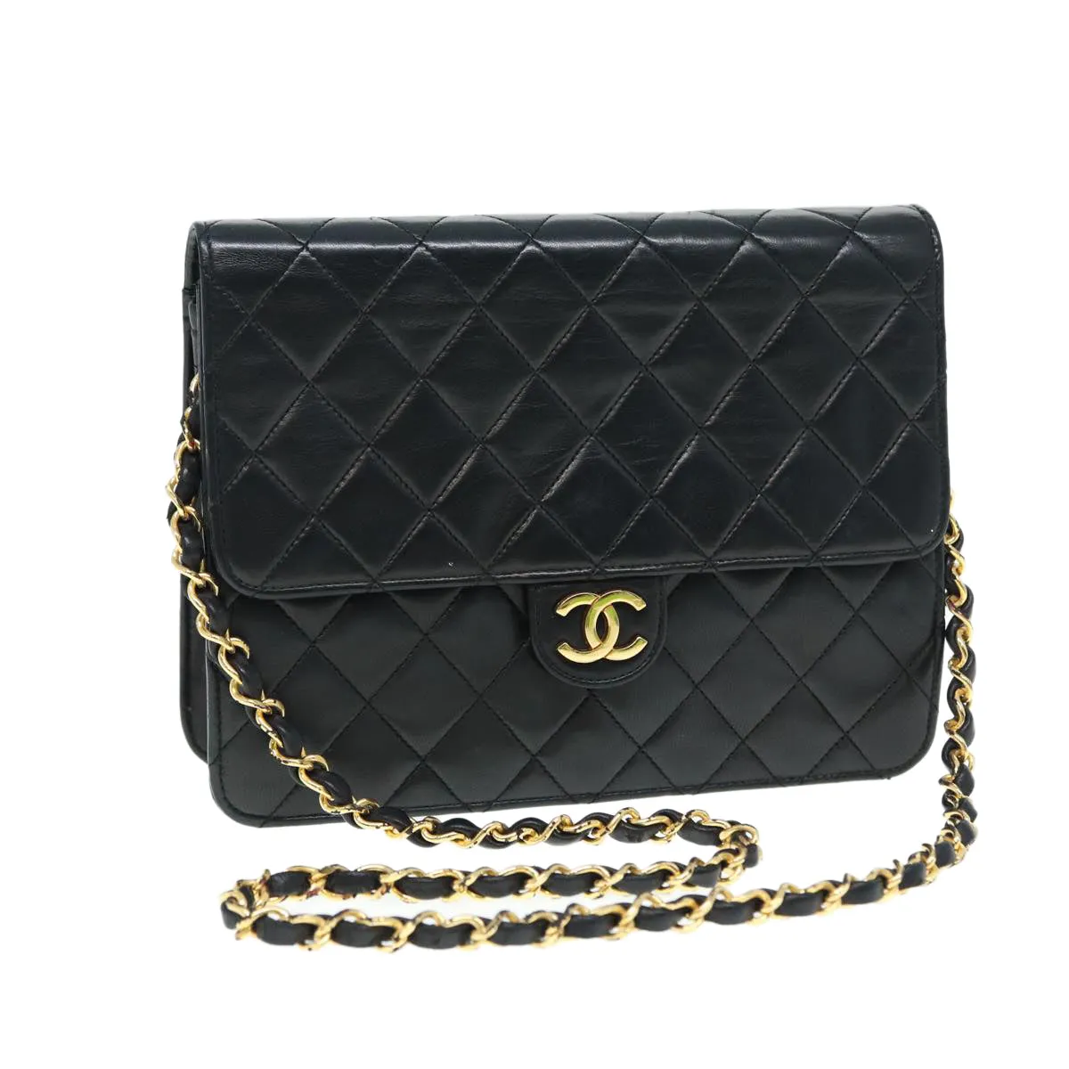 CHANEL Matelasse Chain Shoulder Bag Lamb Skin Black Gold CC bs16822