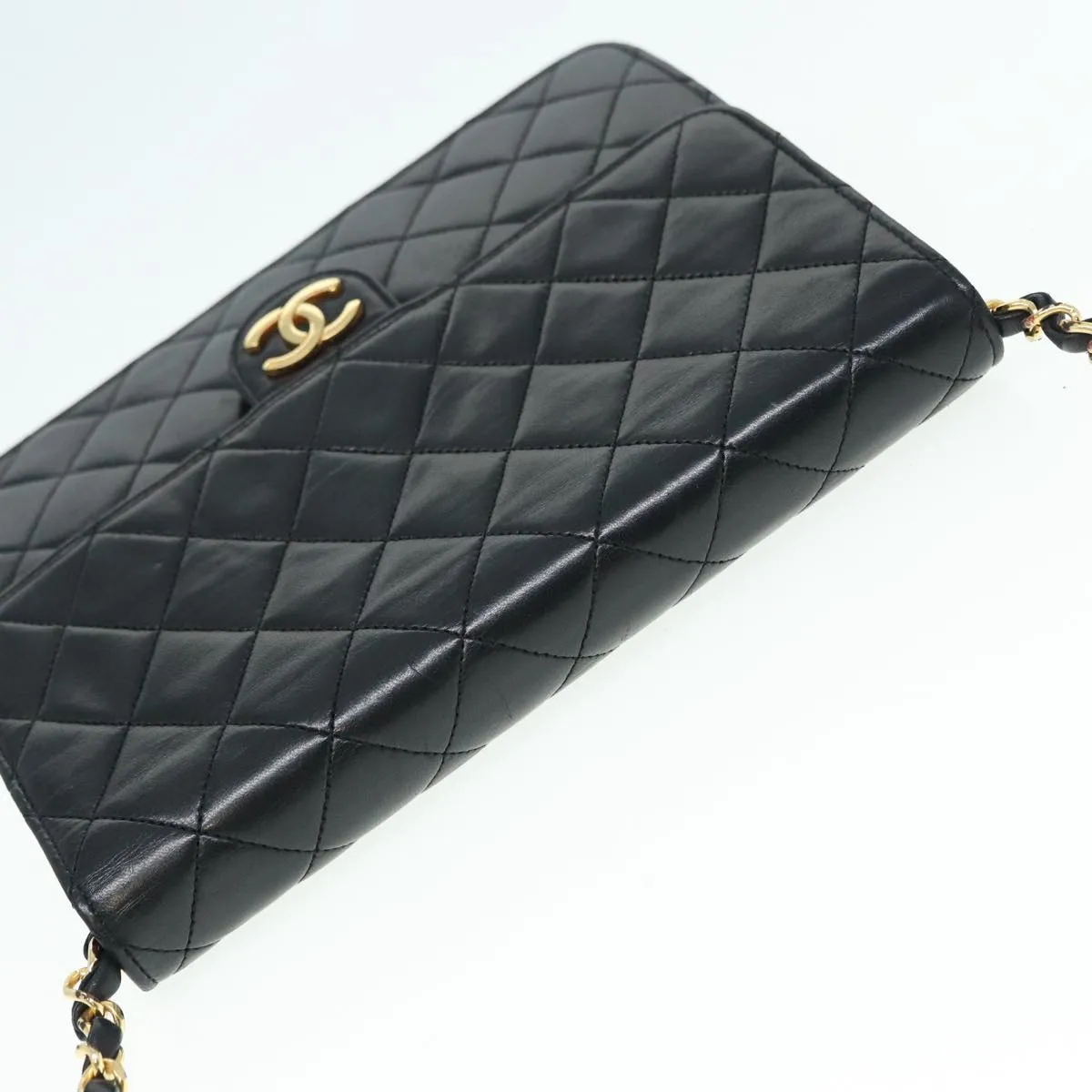 CHANEL Matelasse Chain Shoulder Bag Lamb Skin Black Gold CC bs16822