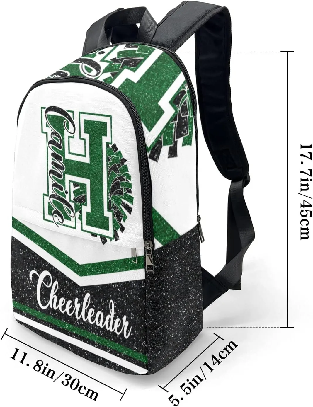 Cheerleader Green Black Personalized Backpack for Teen Boys Girls,Custom Travel Backpack Bookbag Casual Bag Name Gift 11.8"(L) x 5.51"(W) x 17.72"(H)
