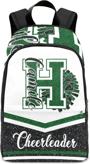 Cheerleader Green Black Personalized Backpack for Teen Boys Girls,Custom Travel Backpack Bookbag Casual Bag Name Gift 11.8"(L) x 5.51"(W) x 17.72"(H)
