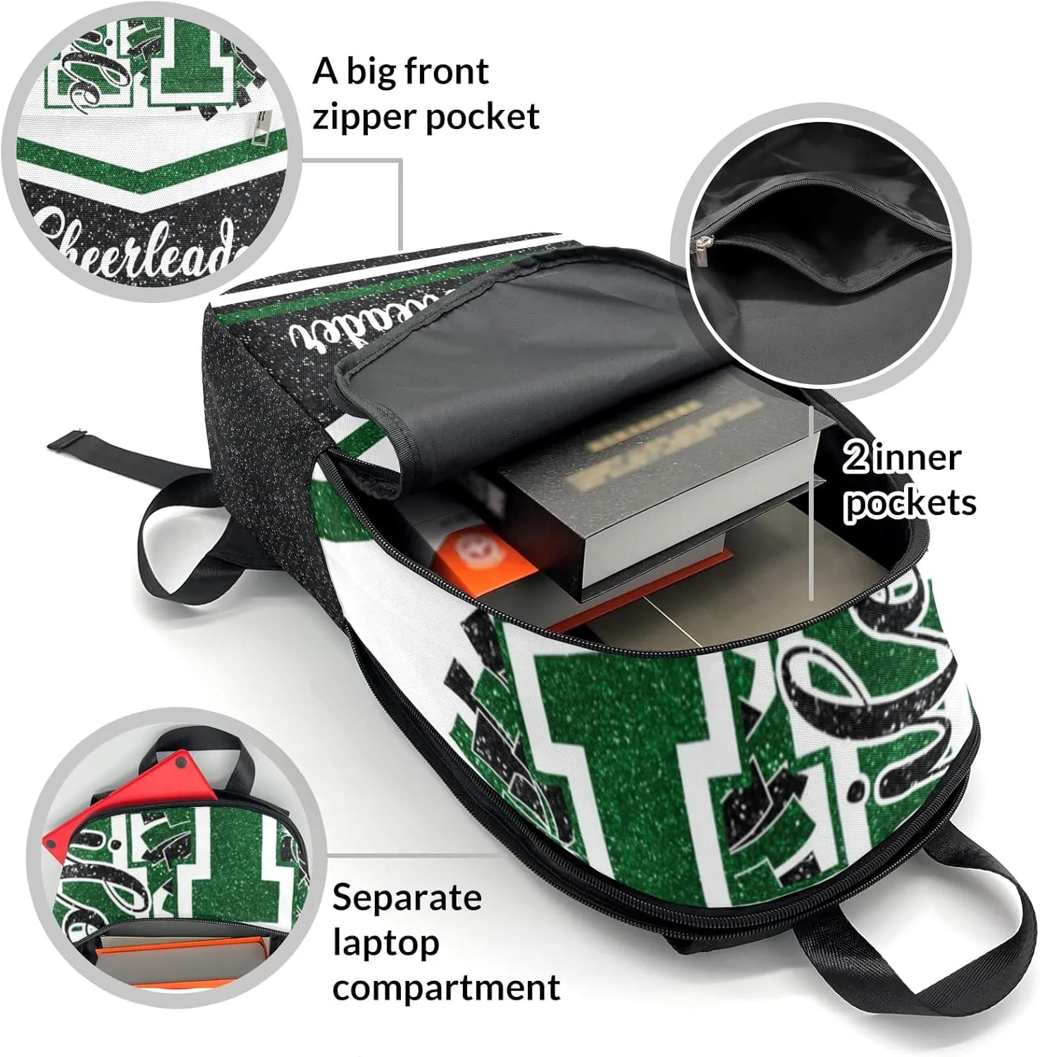 Cheerleader Green Black Personalized Backpack for Teen Boys Girls,Custom Travel Backpack Bookbag Casual Bag Name Gift 11.8"(L) x 5.51"(W) x 17.72"(H)