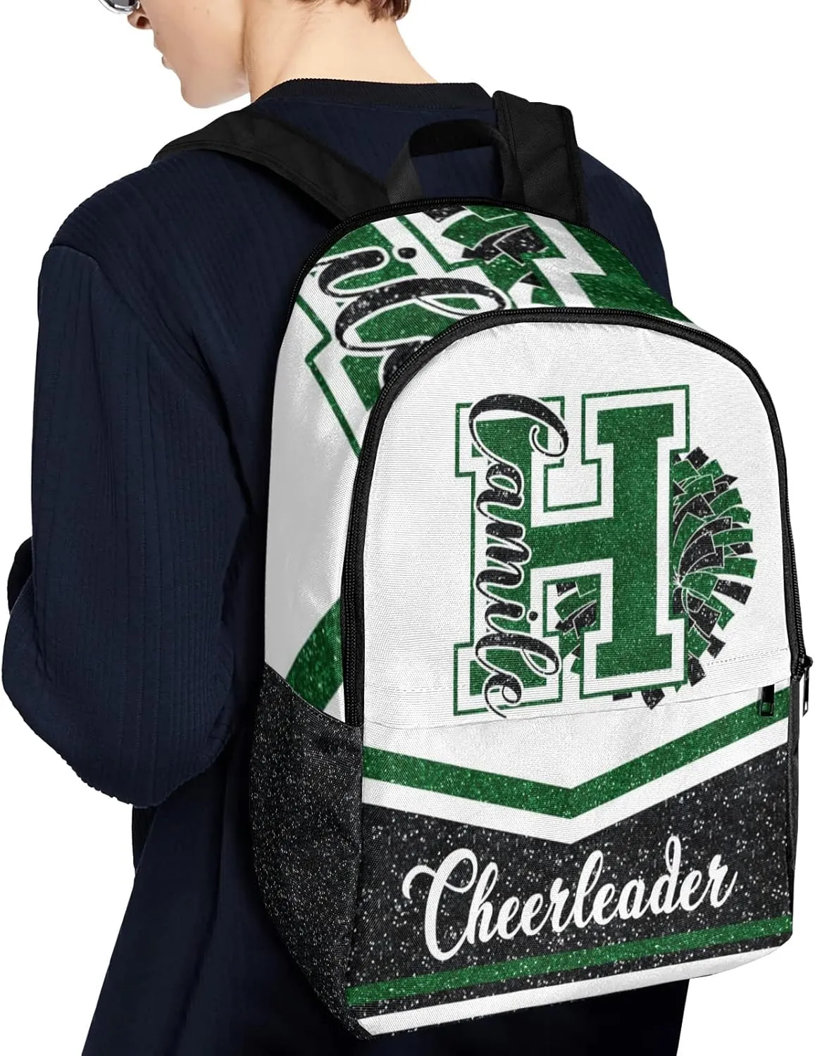 Cheerleader Green Black Personalized Backpack for Teen Boys Girls,Custom Travel Backpack Bookbag Casual Bag Name Gift 11.8"(L) x 5.51"(W) x 17.72"(H)