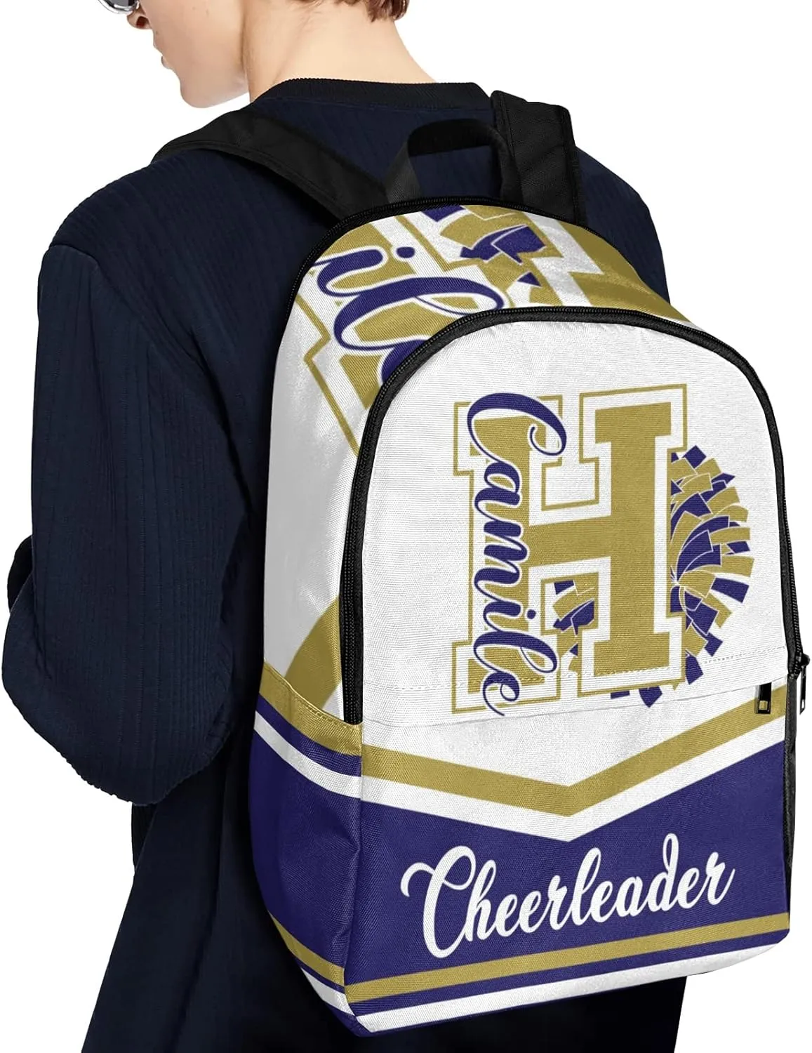 Cheerleader Yellow Blue Personalized Backpack for Teen Boys Girls,Custom Travel Backpack Bookbag Casual Bag Name Gift 11.8"(L) x 5.51"(W) x 17.72"(H)