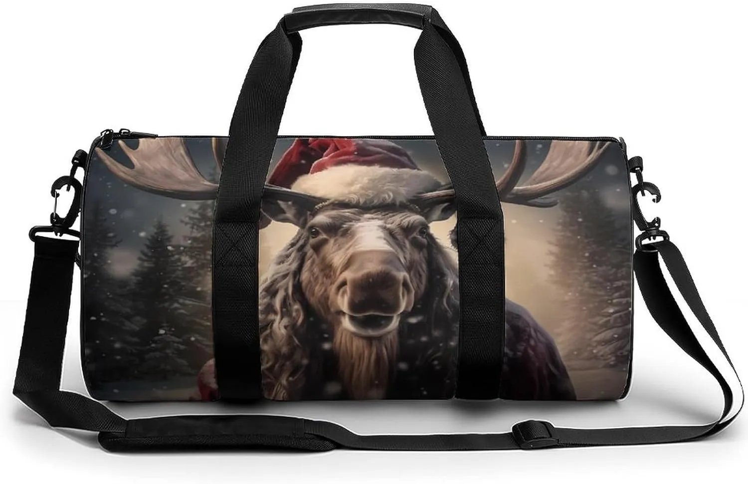 Christmas Deer Moose with Santa Hat Gym Bag Travel Waterproof Duffel Bag Carryon Overnight Bags Tote Bags for Sports