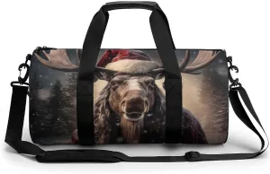 Christmas Deer Moose with Santa Hat Gym Bag Travel Waterproof Duffel Bag Carryon Overnight Bags Tote Bags for Sports