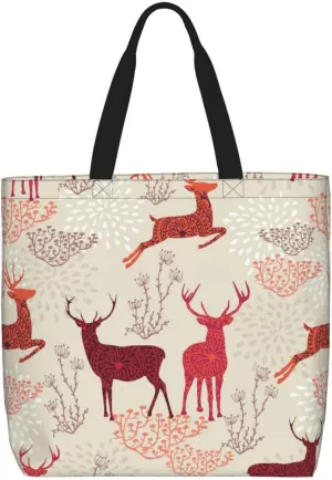Christmas Elk Print Tote Bags Zipper Casual Handbag Big Capacity Shoulder Bag Lightweight For Women