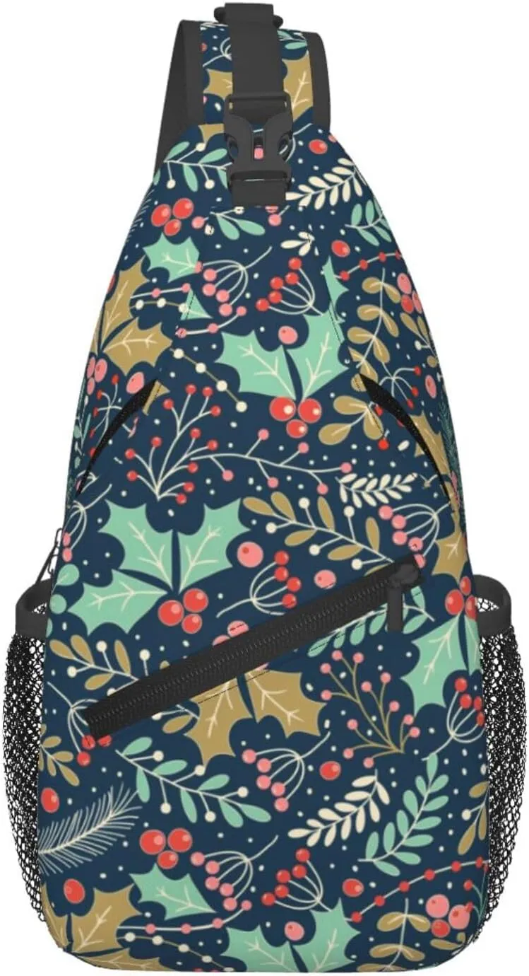 Christmas Holly Leaves And Berries Sling Backpack Chest Bag Crossbody Shoulder Bag Gym Cycling Travel Hiking Daypack For Men Women