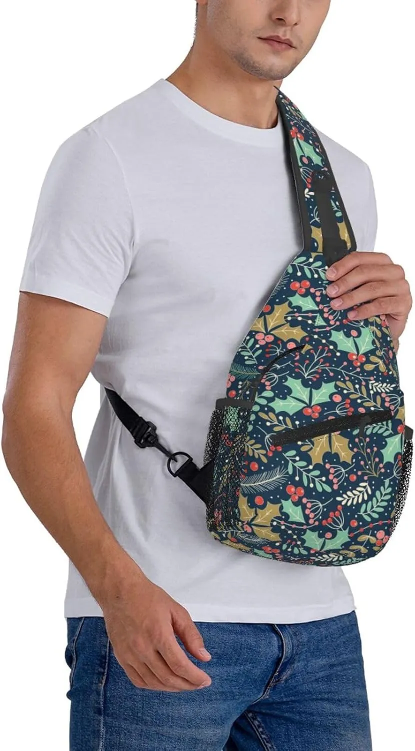 Christmas Holly Leaves And Berries Sling Backpack Chest Bag Crossbody Shoulder Bag Gym Cycling Travel Hiking Daypack For Men Women