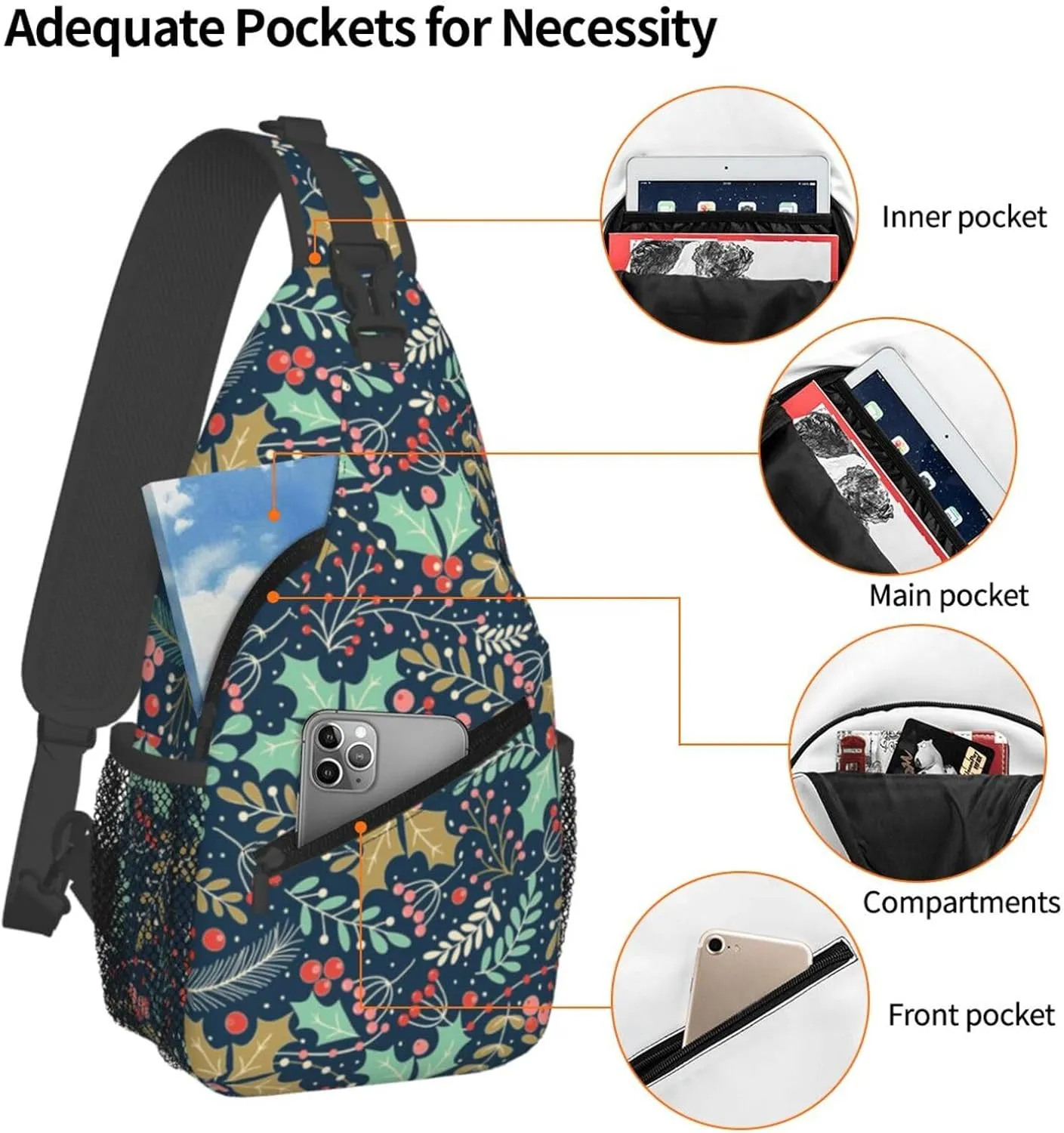 Christmas Holly Leaves And Berries Sling Backpack Chest Bag Crossbody Shoulder Bag Gym Cycling Travel Hiking Daypack For Men Women