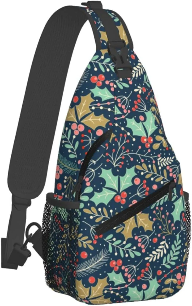 Christmas Holly Leaves And Berries Sling Backpack Chest Bag Crossbody Shoulder Bag Gym Cycling Travel Hiking Daypack For Men Women