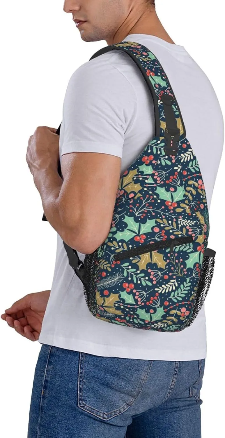 Christmas Holly Leaves And Berries Sling Backpack Chest Bag Crossbody Shoulder Bag Gym Cycling Travel Hiking Daypack For Men Women