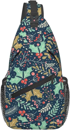 Christmas Holly Leaves And Berries Sling Backpack Chest Bag Crossbody Shoulder Bag Gym Cycling Travel Hiking Daypack For Men Women