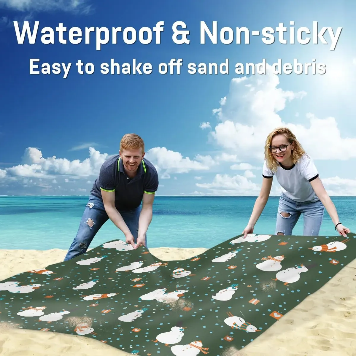 Christmas Snowman Beach Blanket, Sandproof Beach Mat, 68 x 59 Waterproof Quick Drying Sand Free Mat with 4 x Ground Spikes for Outdoor Travel Camping Hiking, Snowman