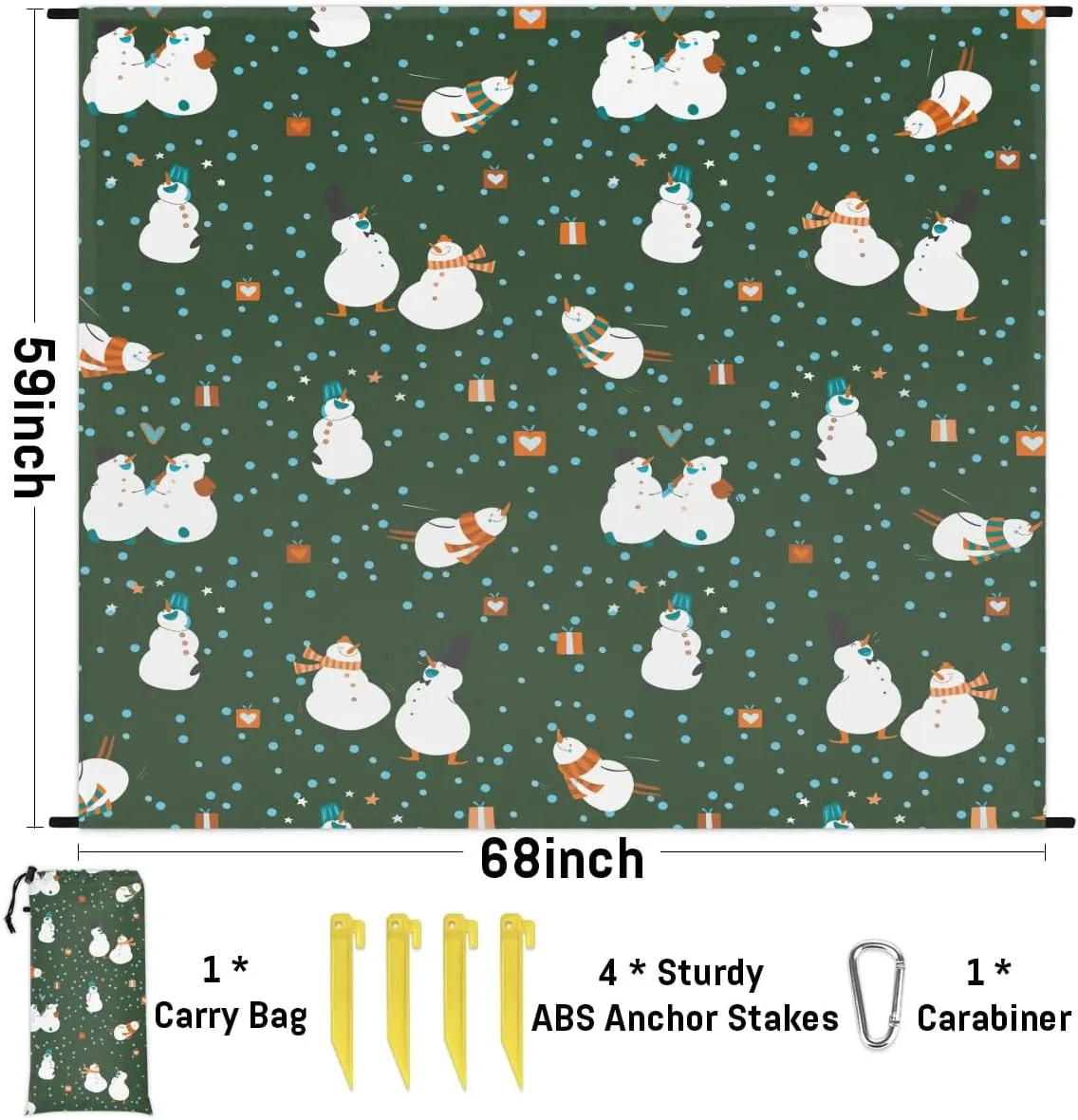 Christmas Snowman Beach Blanket, Sandproof Beach Mat, 68 x 59 Waterproof Quick Drying Sand Free Mat with 4 x Ground Spikes for Outdoor Travel Camping Hiking, Snowman