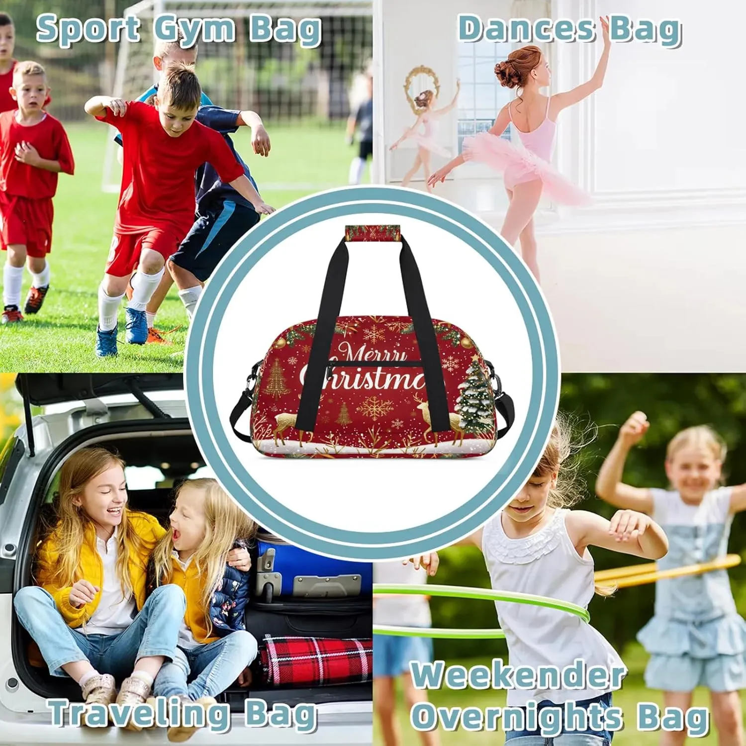 Christmas Themed Small Gym Bag 18 inch Carry On Duffel Bag for Weekender Travel Sports Workout Yoga Gymnastics Dance Ballet