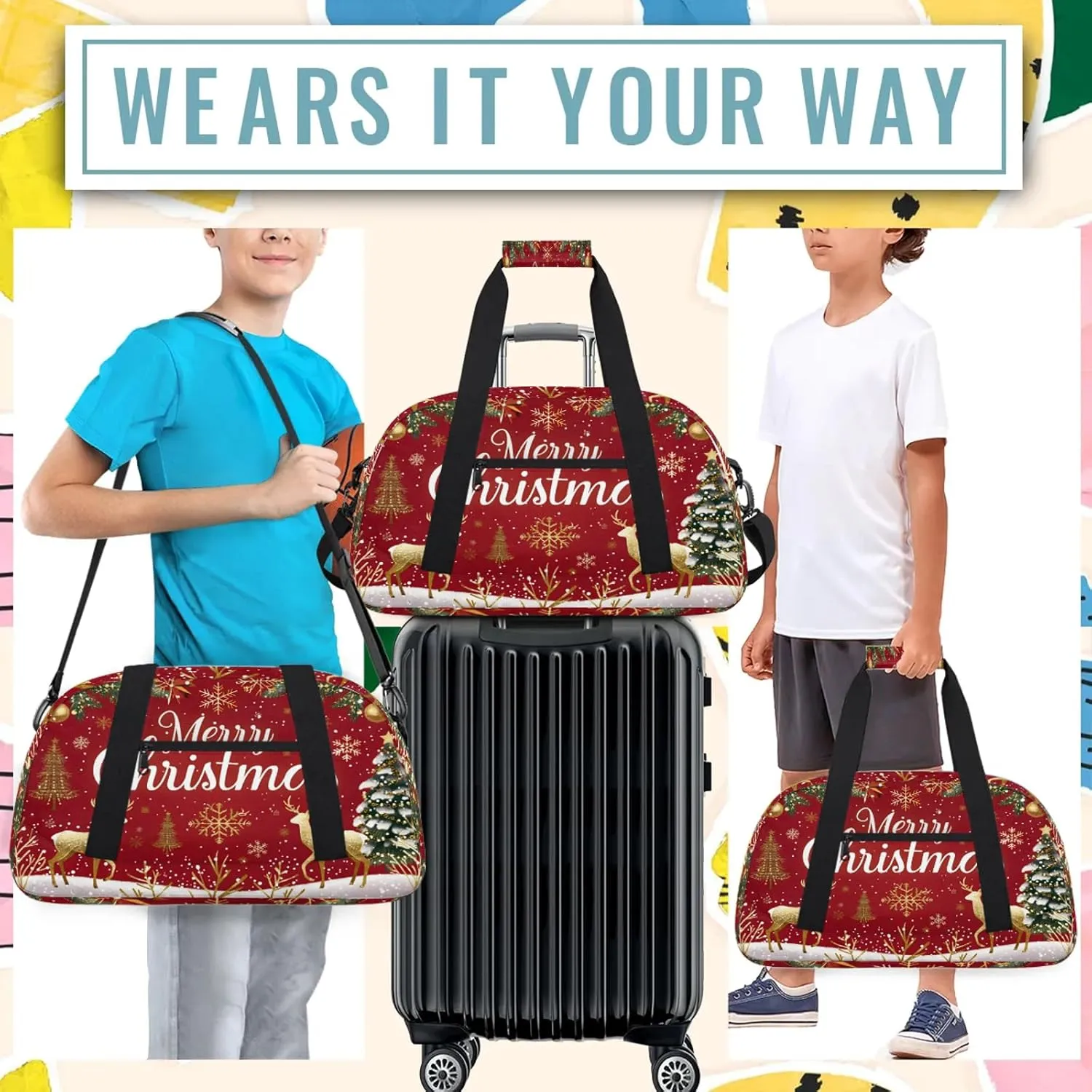 Christmas Themed Small Gym Bag 18 inch Carry On Duffel Bag for Weekender Travel Sports Workout Yoga Gymnastics Dance Ballet
