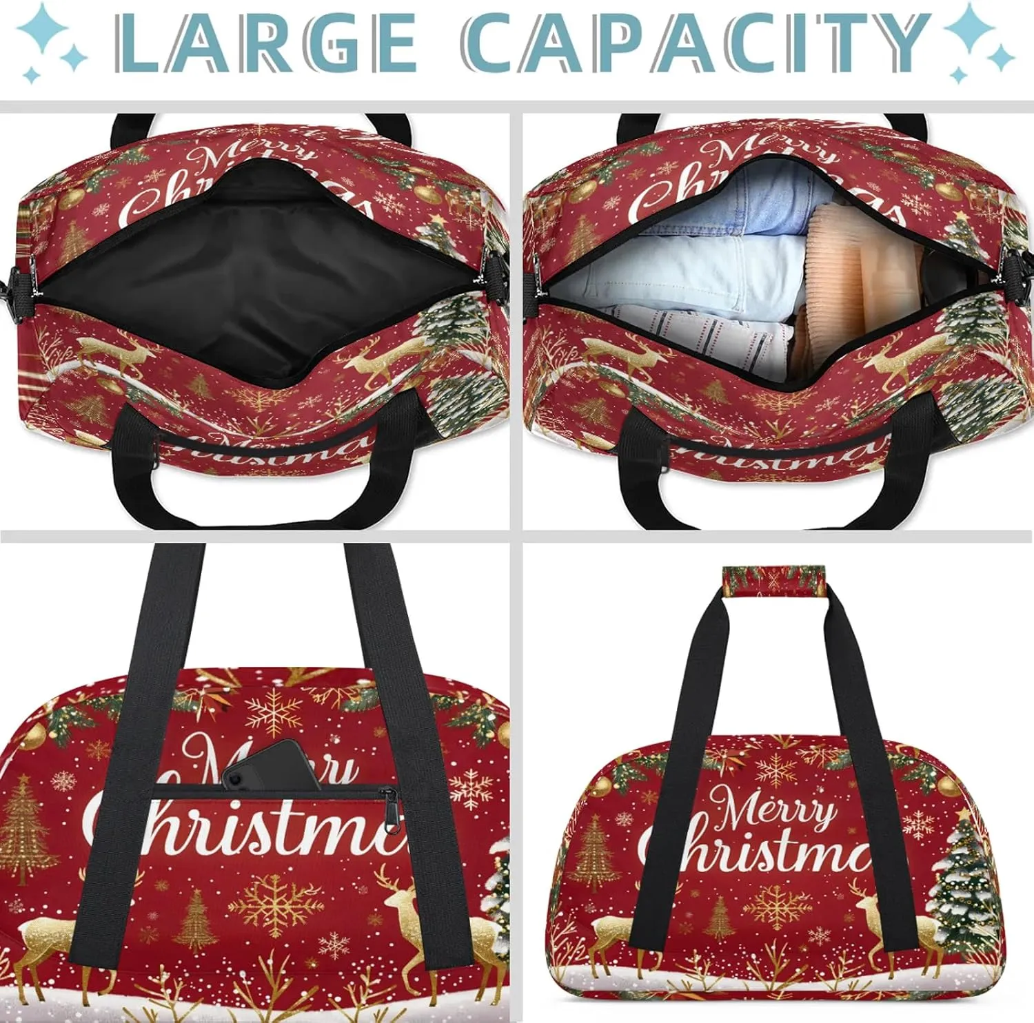 Christmas Themed Small Gym Bag 18 inch Carry On Duffel Bag for Weekender Travel Sports Workout Yoga Gymnastics Dance Ballet