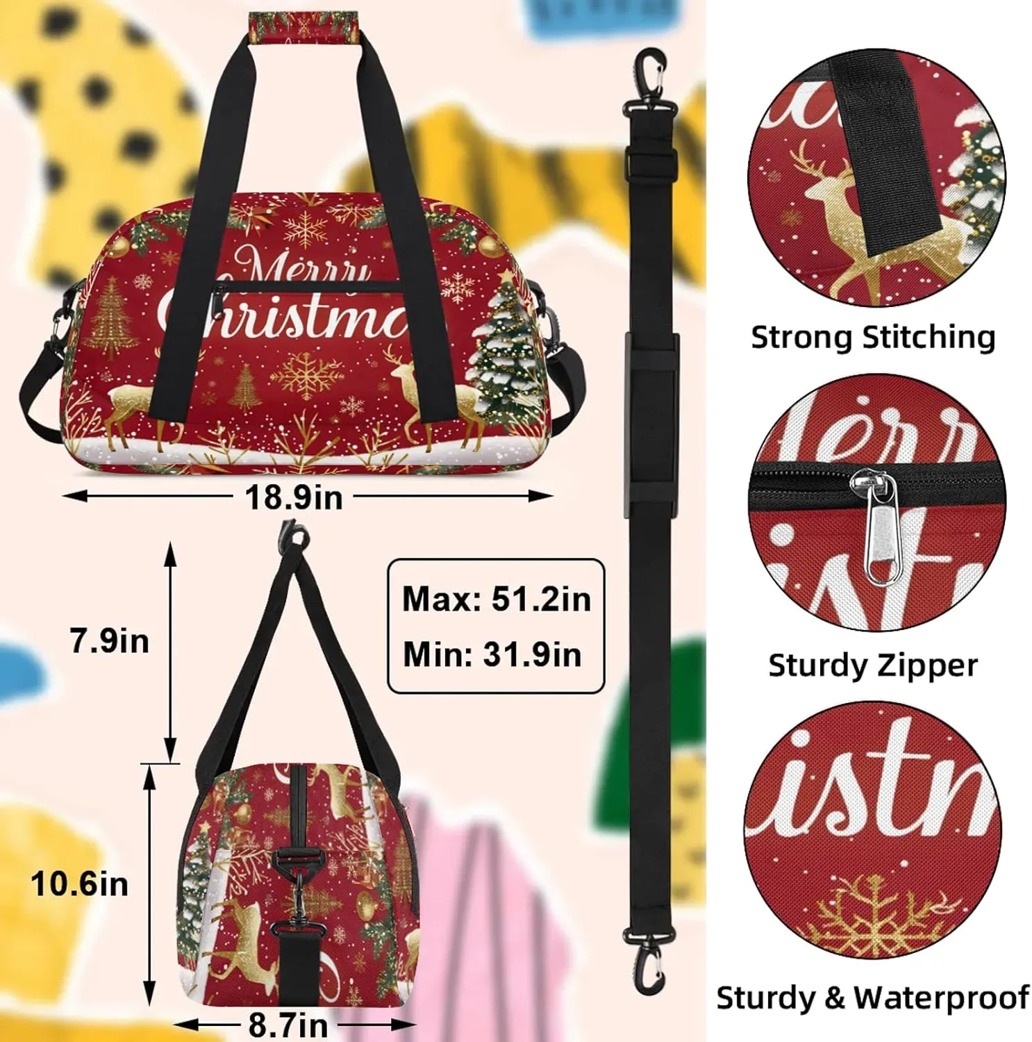 Christmas Themed Small Gym Bag 18 inch Carry On Duffel Bag for Weekender Travel Sports Workout Yoga Gymnastics Dance Ballet
