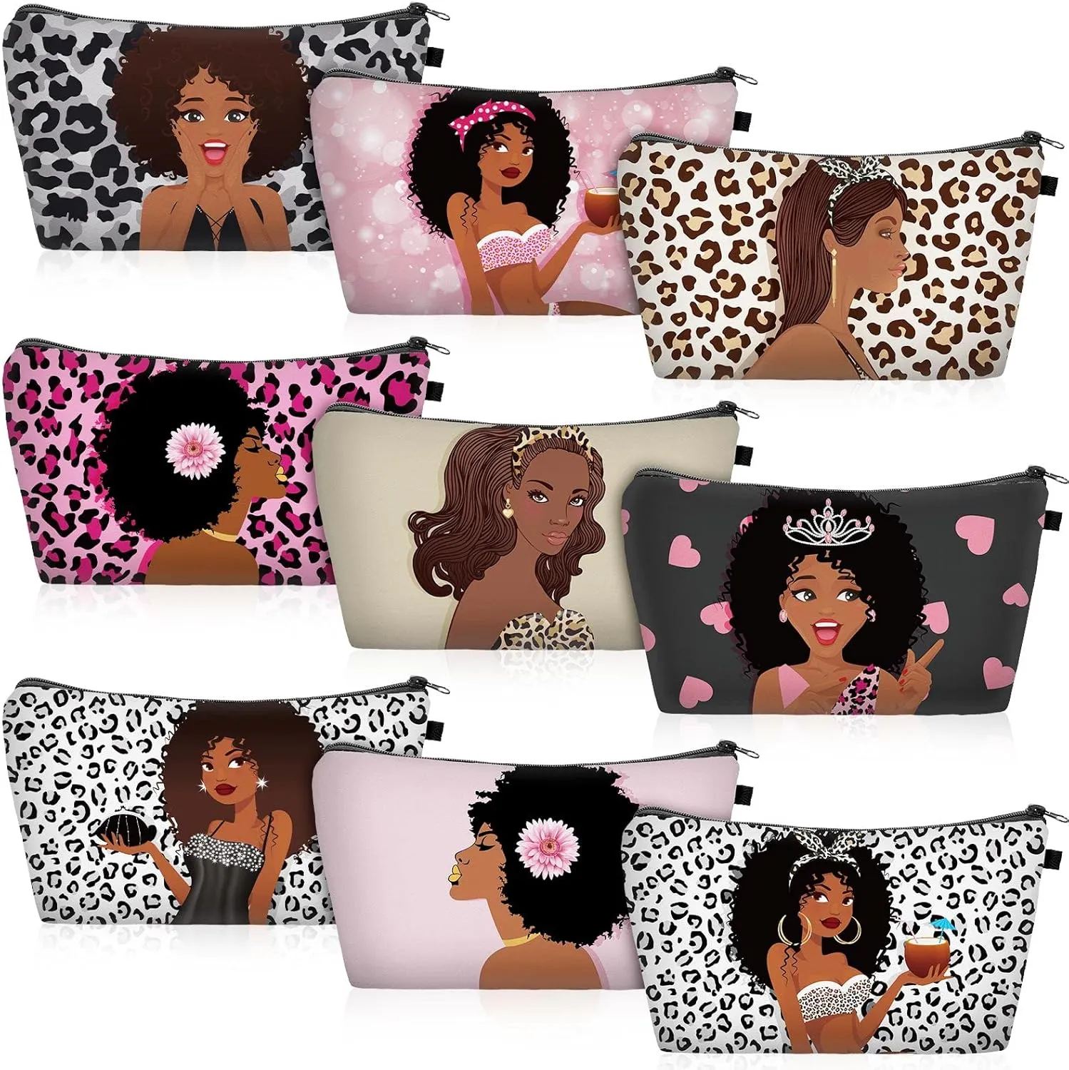 Chunful 9 Pcs Black African Women Makeup Bag African American Cosmetic Bags Canvas Makeup Bags Zippered Toiletry Bag Gifts for Black Women Reusable Multi Purpose Organizer(Stylish Style)