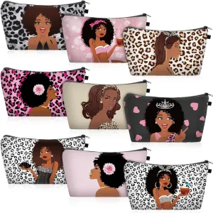 Chunful 9 Pcs Black African Women Makeup Bag African American Cosmetic Bags Canvas Makeup Bags Zippered Toiletry Bag Gifts for Black Women Reusable Multi Purpose Organizer(Stylish Style)