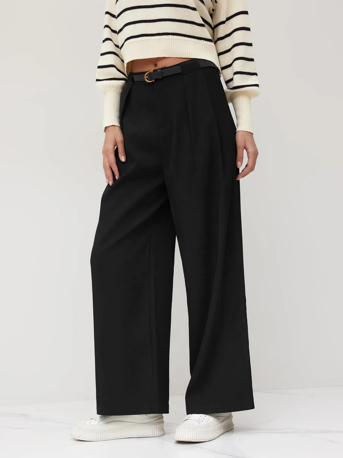 CIDER Mid Waist Solid Pocket Straight Leg Trousers with Belt