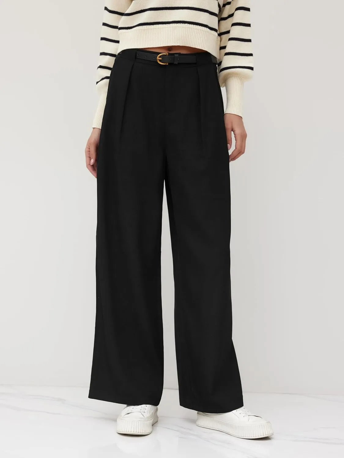 CIDER Mid Waist Solid Pocket Straight Leg Trousers with Belt